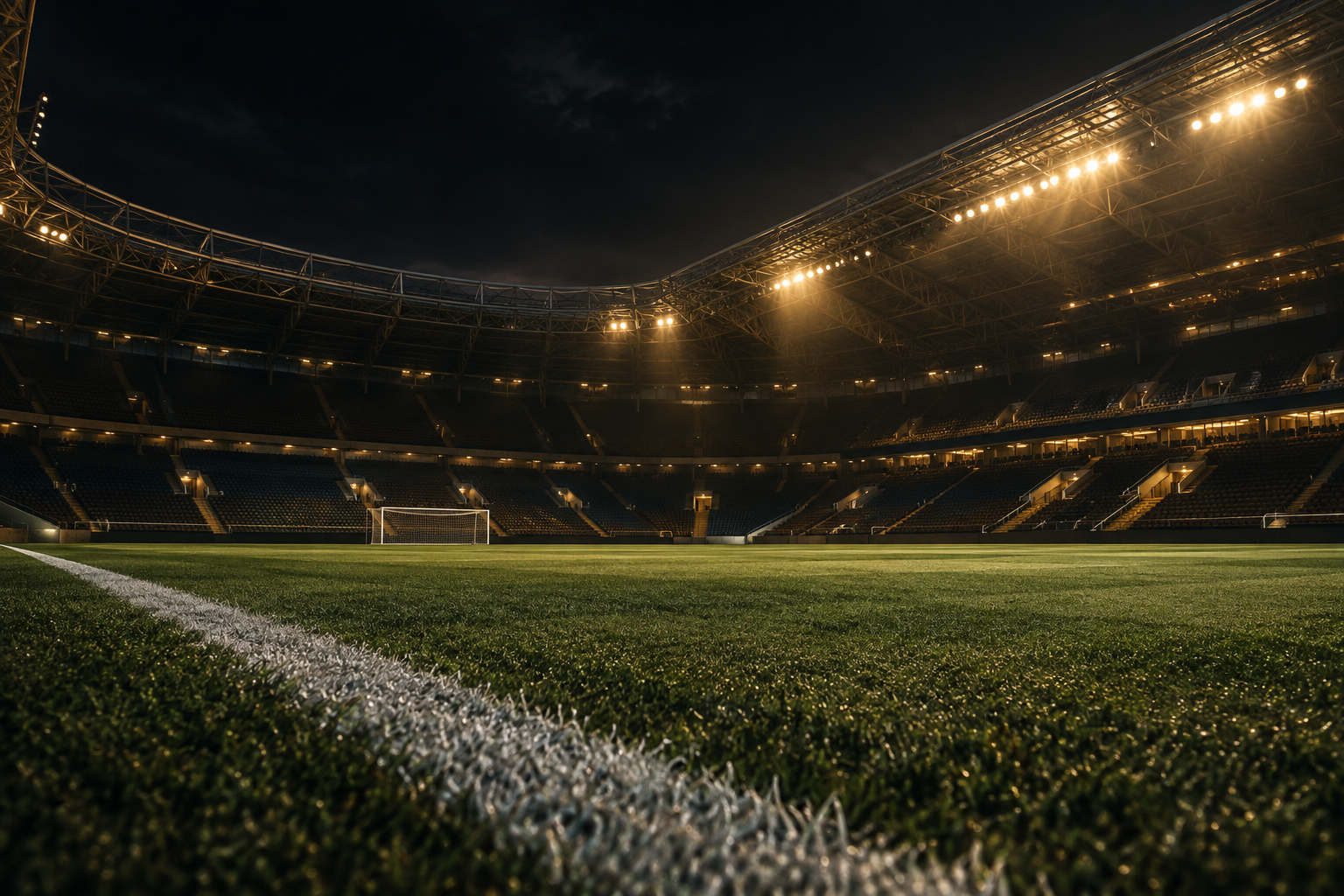 Kivilágított futballstadion az esti mérkőzés előtt